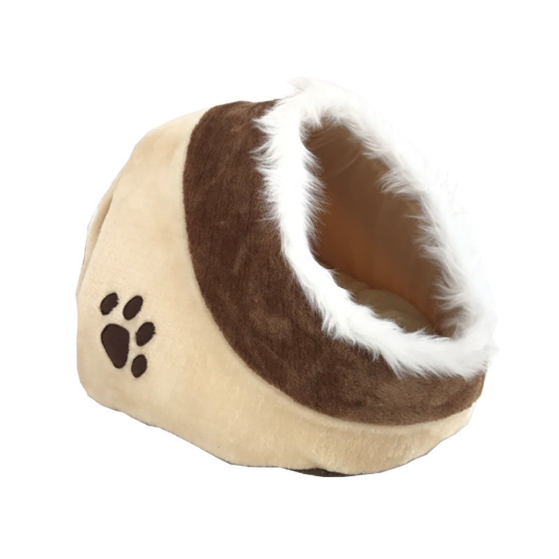 Igloo Style Cozy Small Dog / Cat Bed - Fur Lined Beige