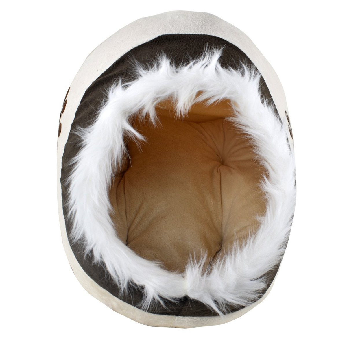 Igloo Style Cozy Small Dog / Cat Bed - Fur Lined Beige