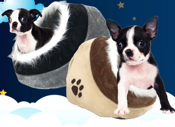 Igloo Style Cozy Small Dog / Cat Bed - Fur Lined Beige
