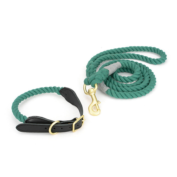 Luxury Genuine Cowhide Leather Woven Cotton Rope Dog Leash & Collar Set