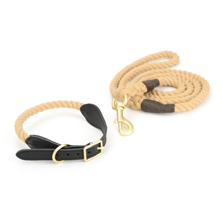 Luxury Genuine Cowhide Leather Woven Cotton Rope Dog Leash & Collar Set