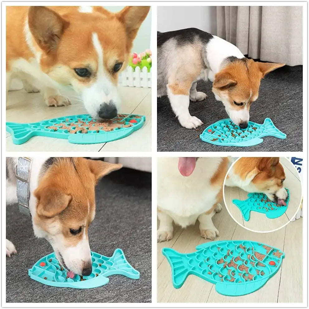 Fish Shape Silicone Lick Mat Slow Enrichment Feeder - Blue/Grey/Green