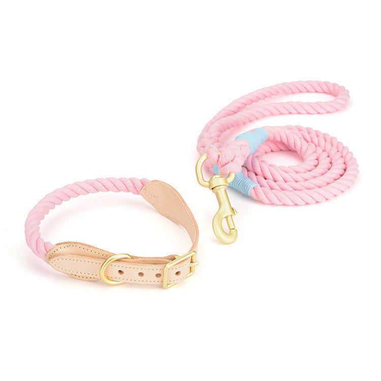 Luxury Genuine Cowhide Leather Woven Cotton Rope Dog Leash & Collar Set