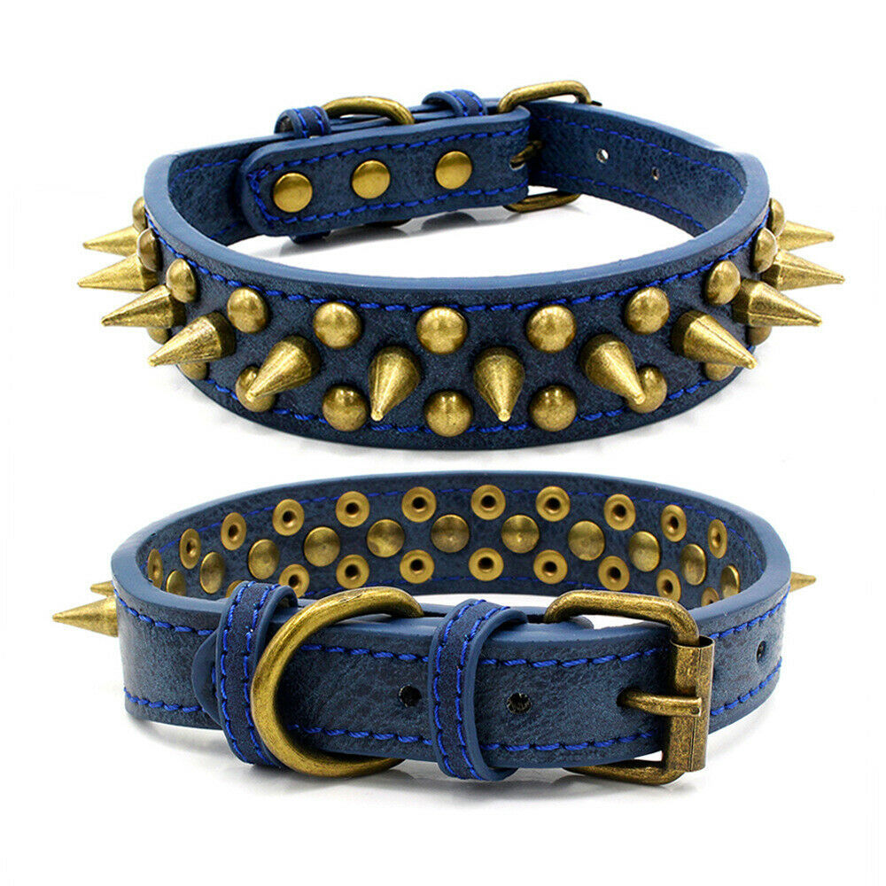 Retro Studded Spiked Leather Dog Collar - Blue/Brown/Grey