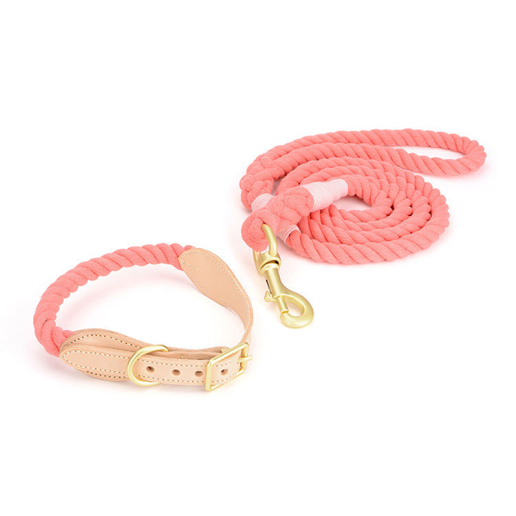 Luxury Genuine Cowhide Leather Woven Cotton Rope Dog Leash & Collar Set