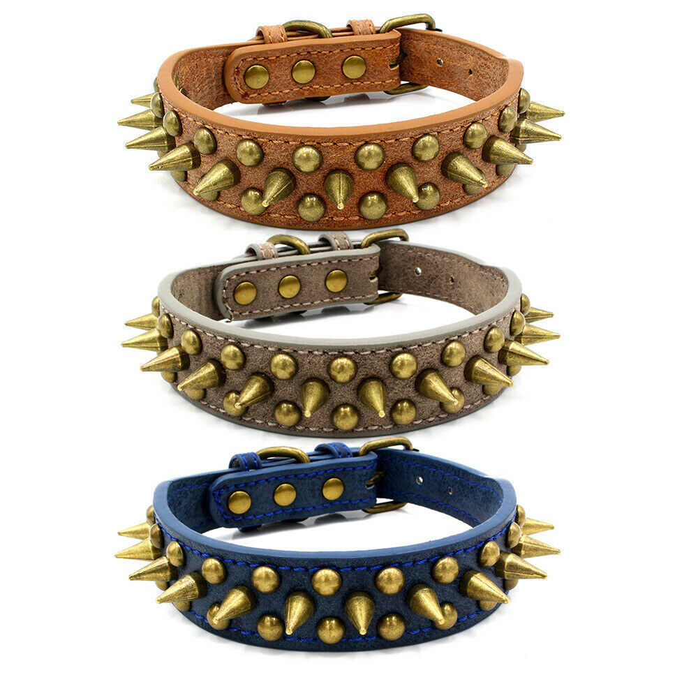 Retro Studded Spiked Leather Dog Collar - Blue/Brown/Grey