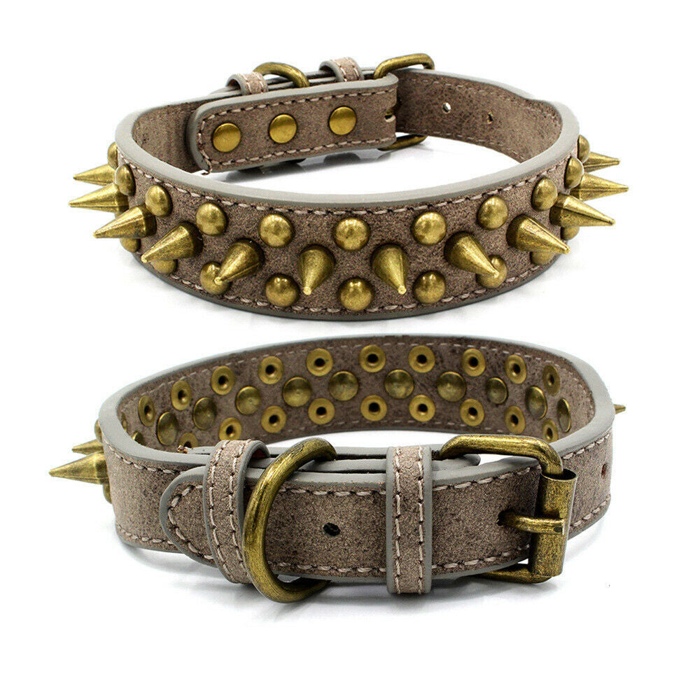 Retro Studded Spiked Leather Dog Collar - Blue/Brown/Grey