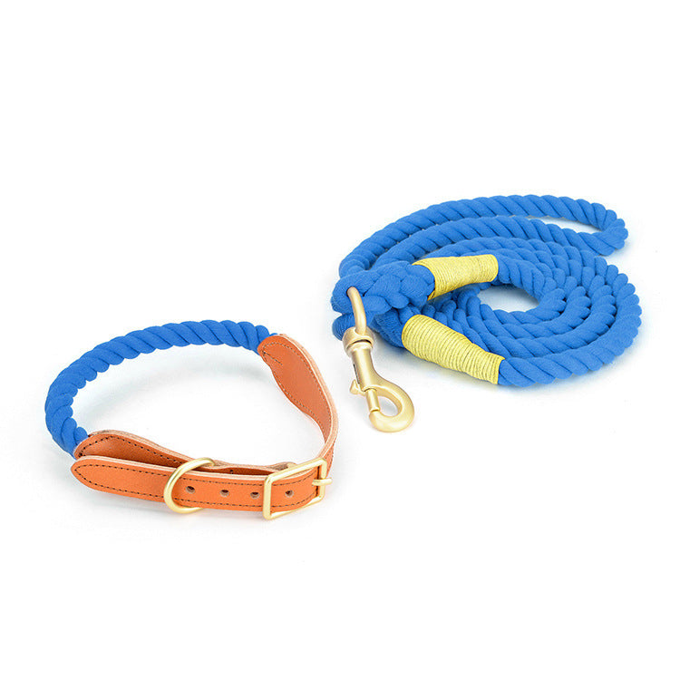 Luxury Genuine Cowhide Leather Woven Cotton Rope Dog Leash & Collar Set