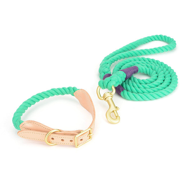 Luxury Genuine Cowhide Leather Woven Cotton Rope Dog Leash & Collar Set