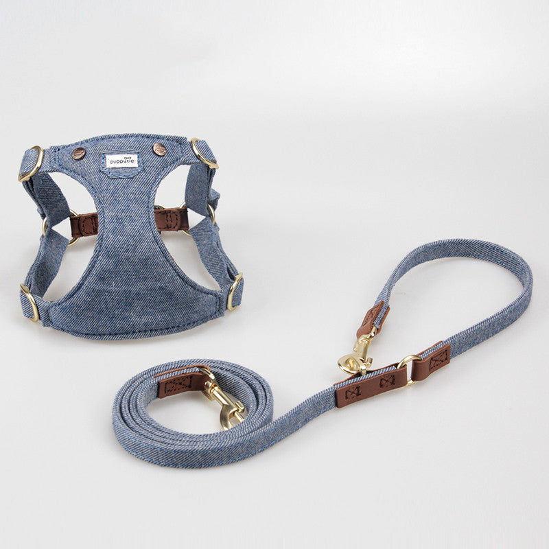 Luxury Cowhide & Denim Adjustable Small Dog Harness - Brown/DenimBlue/Grey