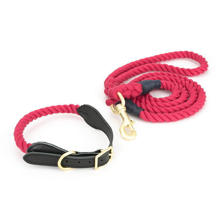 Luxury Genuine Cowhide Leather Woven Cotton Rope Dog Leash & Collar Set