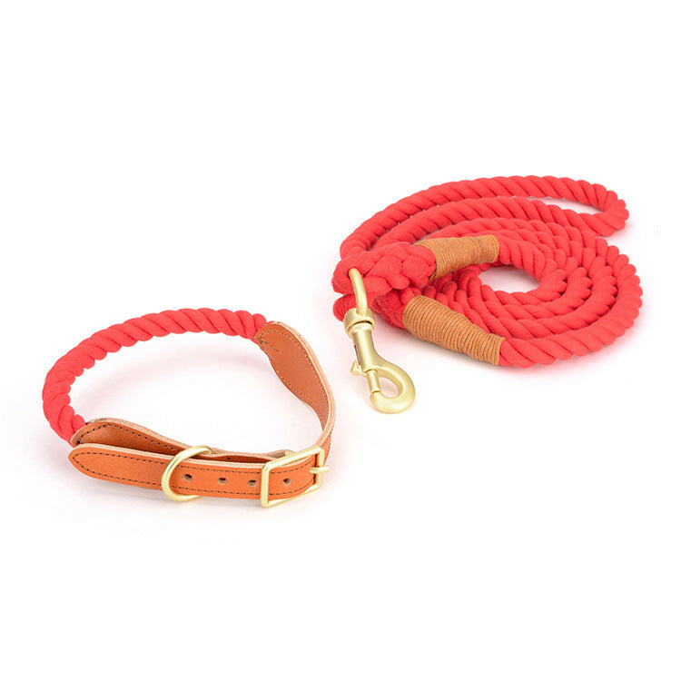 Luxury Genuine Cowhide Leather Woven Cotton Rope Dog Leash & Collar Set