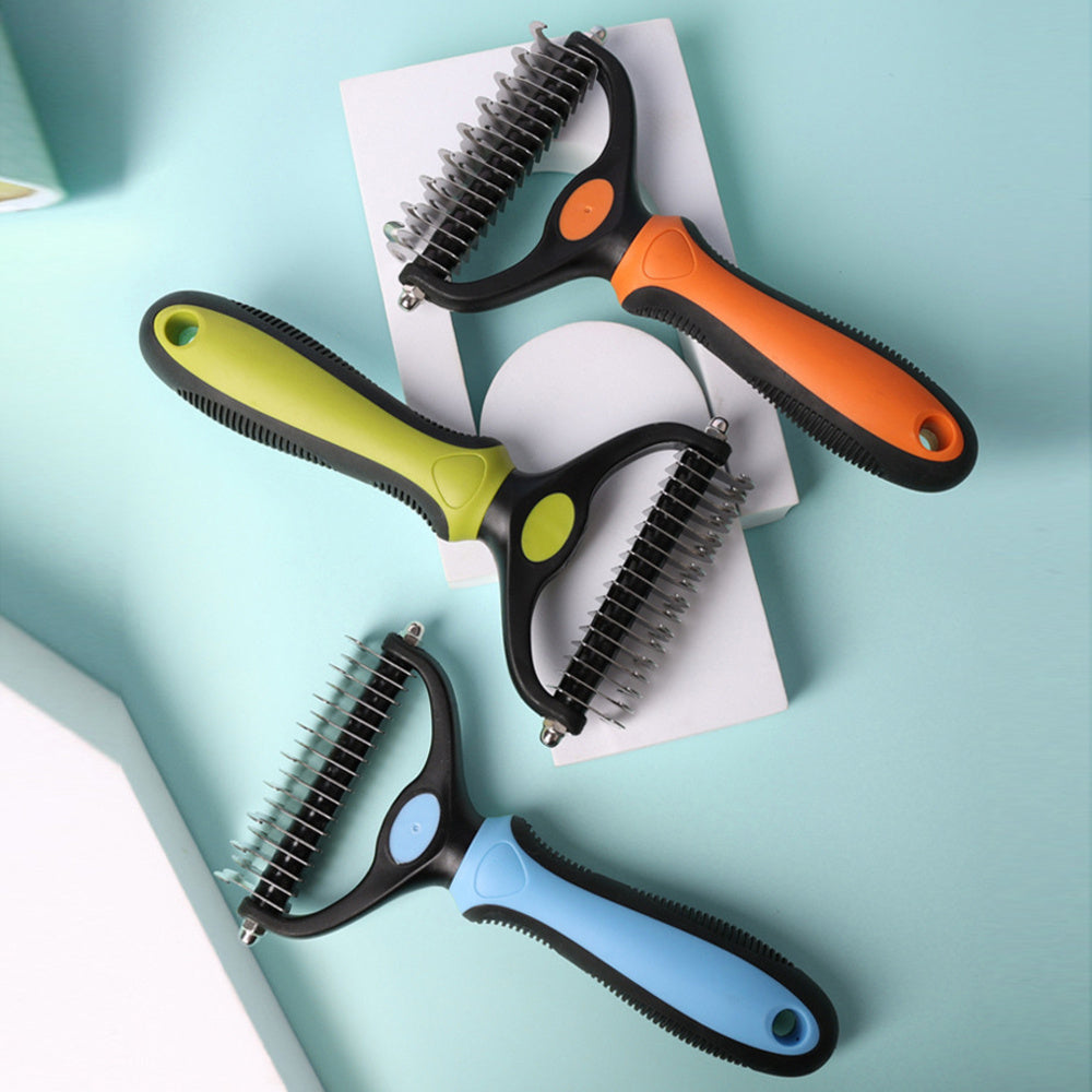 Double-Sided Shedding and Dematting Grooming Brush -  Blue/Green/Orange