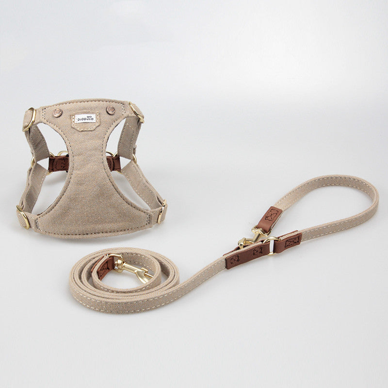 Luxury Cowhide & Denim Adjustable Small Dog Harness - Brown/DenimBlue/Grey