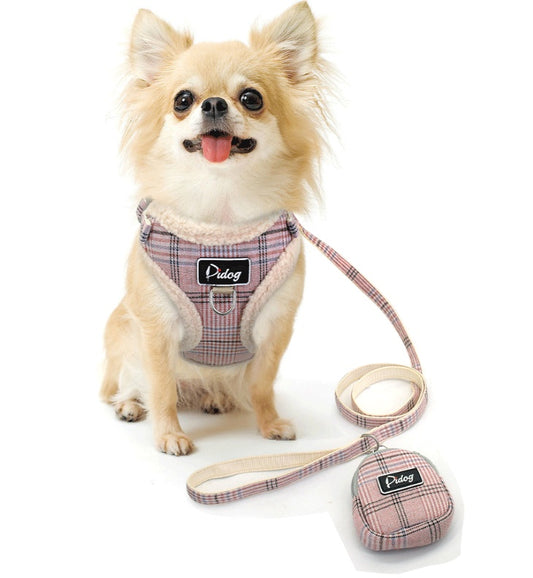 Luxury Breathable 3 Piece Harness, Leash & Treat bag Set - Blue/Grey/Pink
