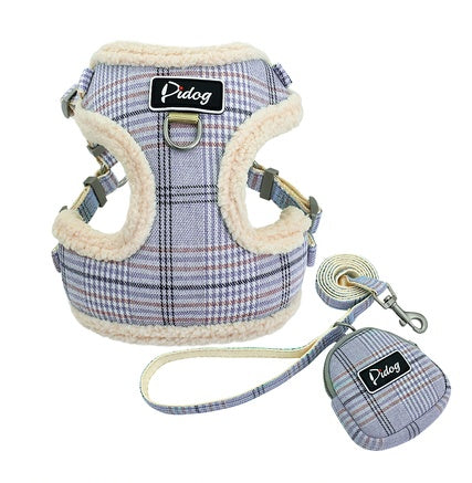 Luxury Breathable 3 Piece Harness, Leash & Treat bag Set - Blue/Grey/Pink