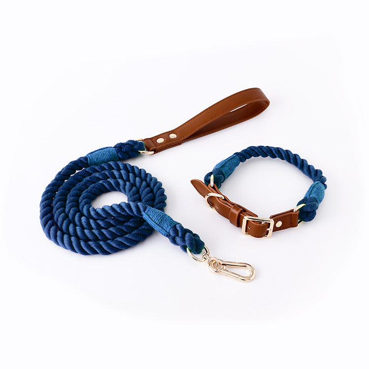 Luxury Cotton Rope Woven Leather Collar and Leash Set - Grey/Green/Navy