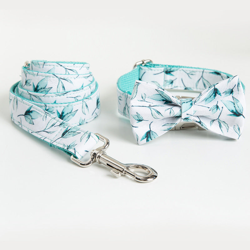 Luxury Leaf Design Dog Bow Collar and Leash Set