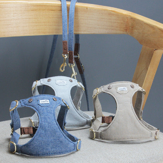 Luxury Cowhide & Denim Adjustable Small Dog Harness - Brown/DenimBlue/Grey