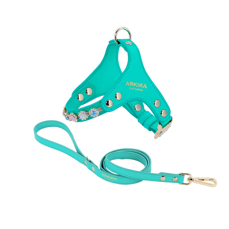 Luxury Rhinestone Detail PU Leather Adjustable Dog Harness & Leash Set