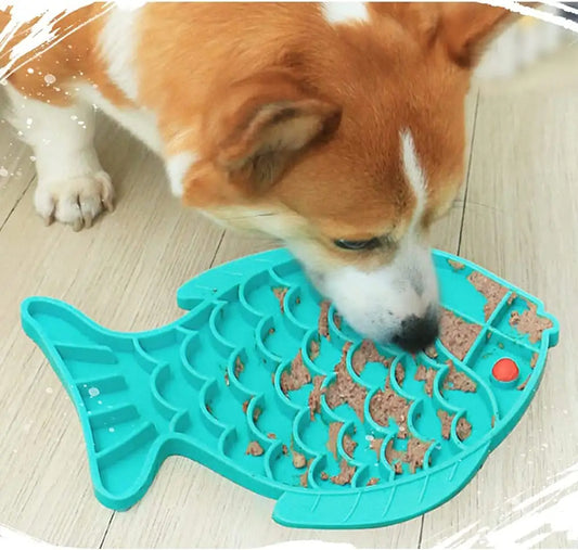 Fish Shape Silicone Lick Mat Slow Enrichment Feeder - Blue/Grey/Green