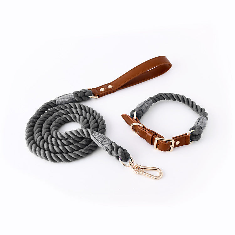 Luxury Cotton Rope Woven Leather Collar and Leash Set - Grey/Green/Navy