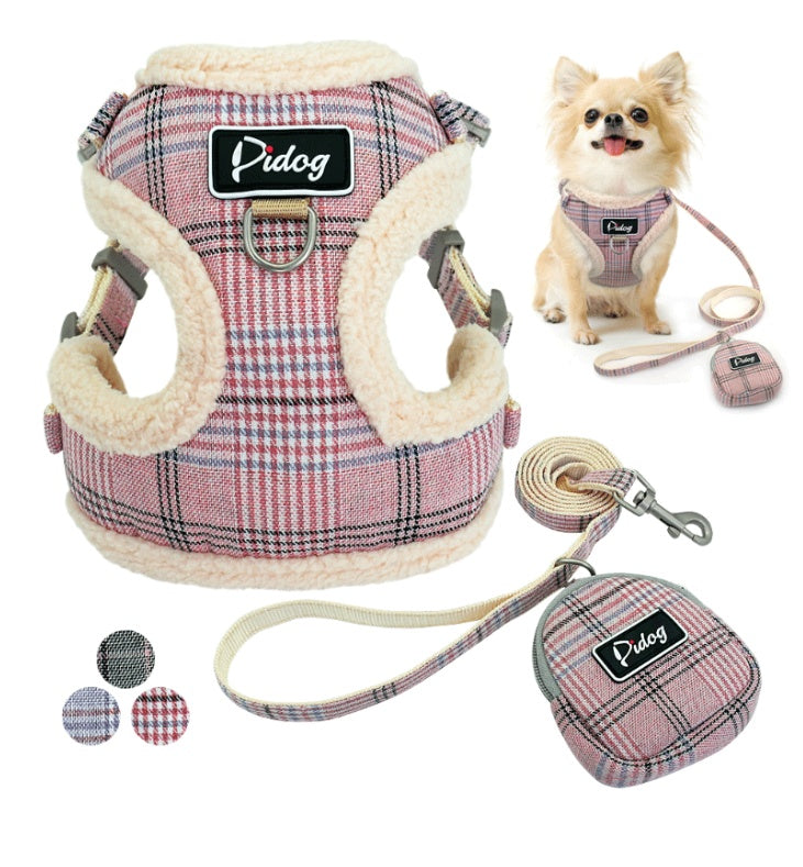 Luxury Breathable 3 Piece Harness, Leash & Treat bag Set - Blue/Grey/Pink