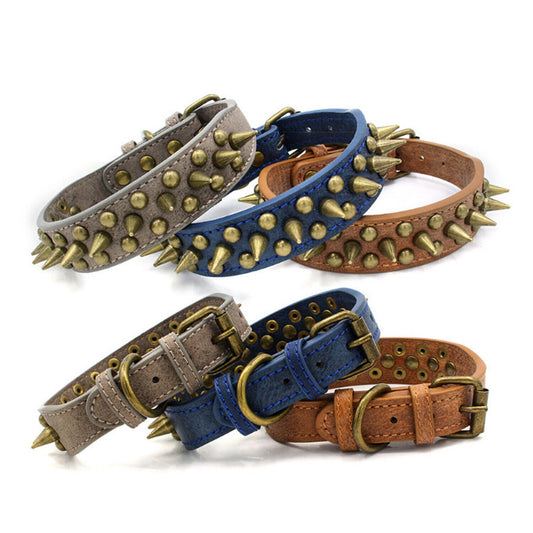 Retro Studded Spiked Leather Dog Collar - Blue/Brown/Grey