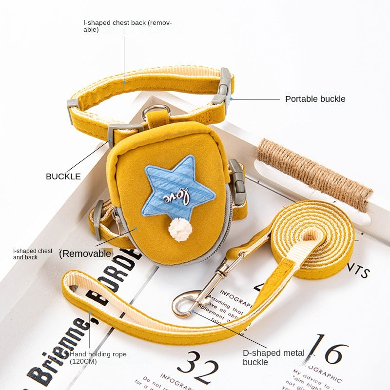 Star Design Dog Backpack Harness and Leash - Yellow/Pink/Blue/Grey