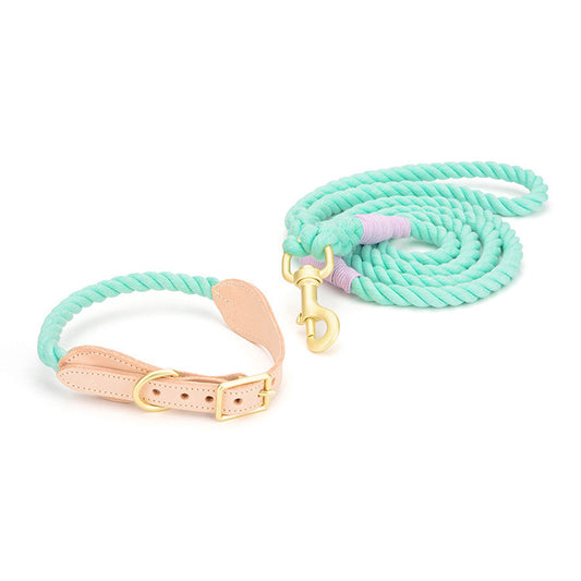 Luxury Genuine Cowhide Leather Woven Cotton Rope Dog Leash & Collar Set