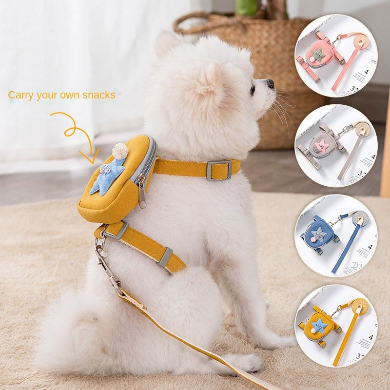 Star Design Dog Backpack Harness and Leash - Yellow/Pink/Blue/Grey
