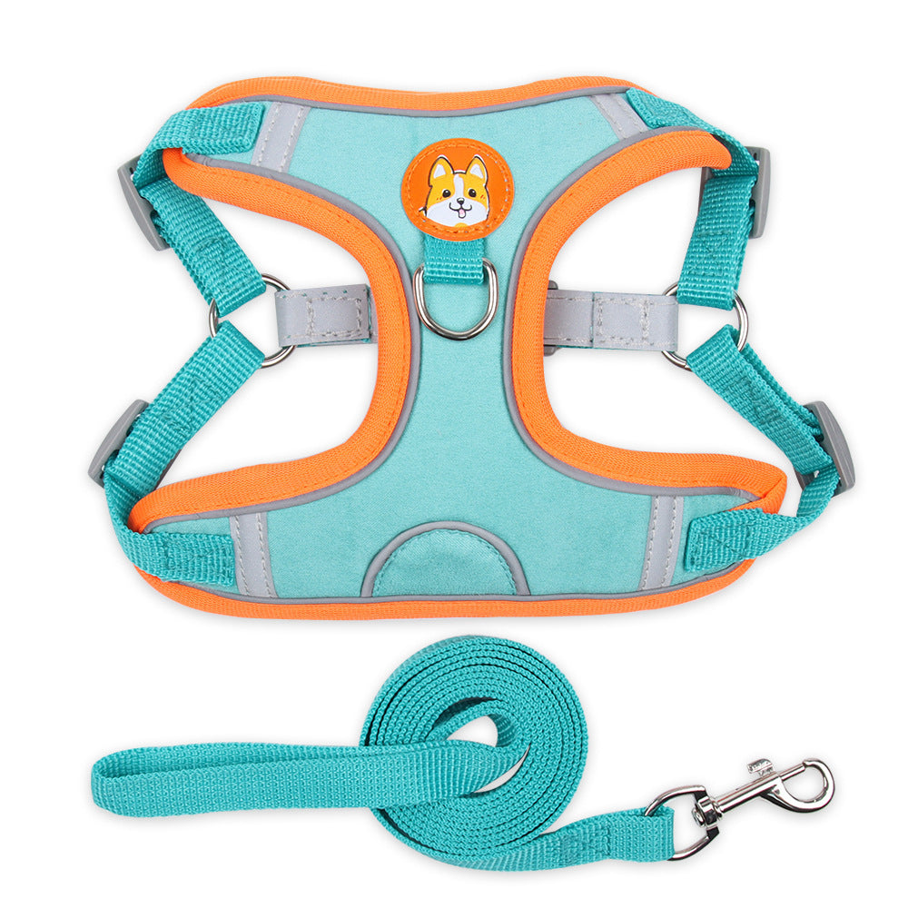 Reflective Harness and Leash Set - Blue/Coffee/Green/Orange/Purple/Red - S-XL