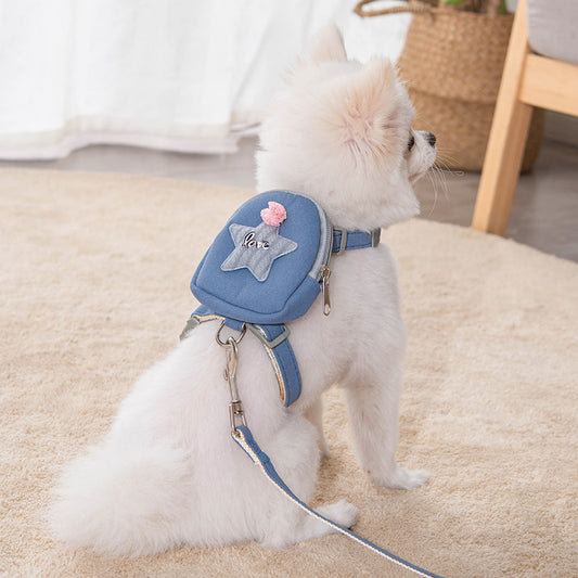 Star Design Dog Backpack Harness and Leash - Yellow/Pink/Blue/Grey
