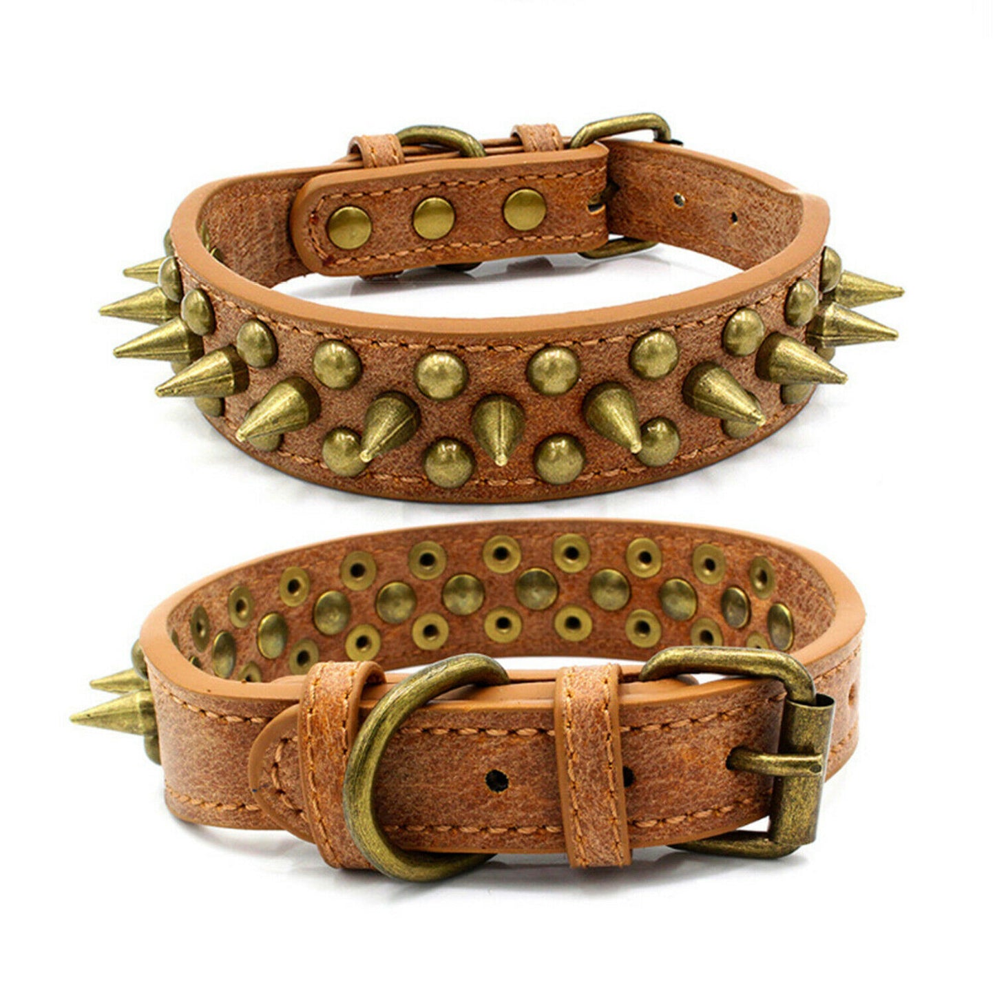 Retro Studded Spiked Leather Dog Collar - Blue/Brown/Grey