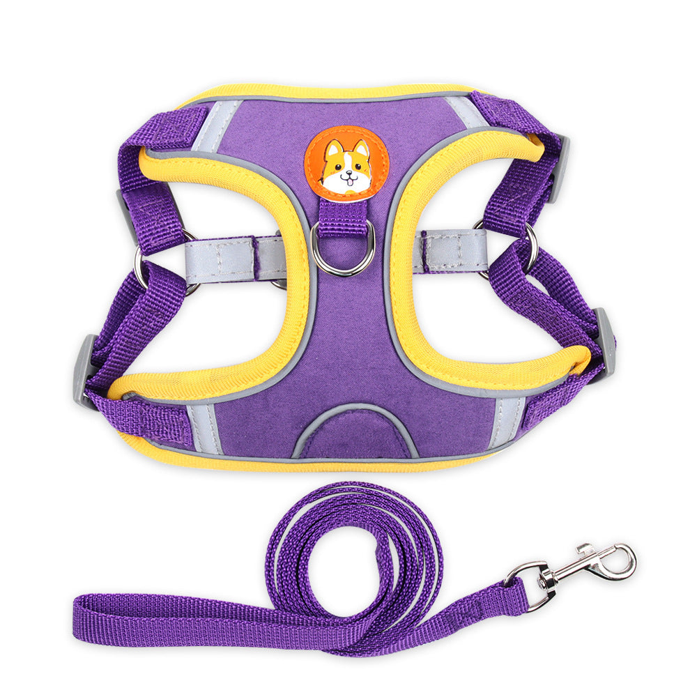 Reflective Harness and Leash Set - Blue/Coffee/Green/Orange/Purple/Red - S-XL