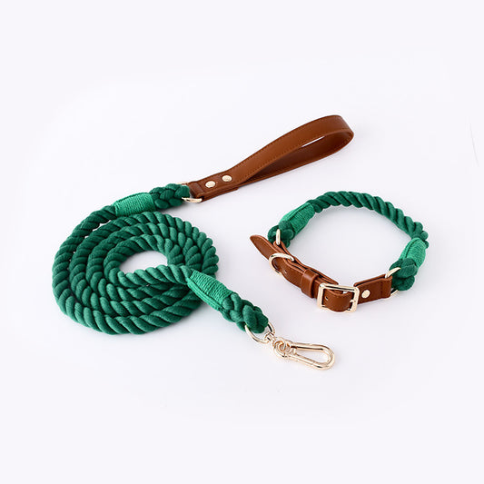 Luxury Cotton Rope Woven Leather Collar and Leash Set - Grey/Green/Navy