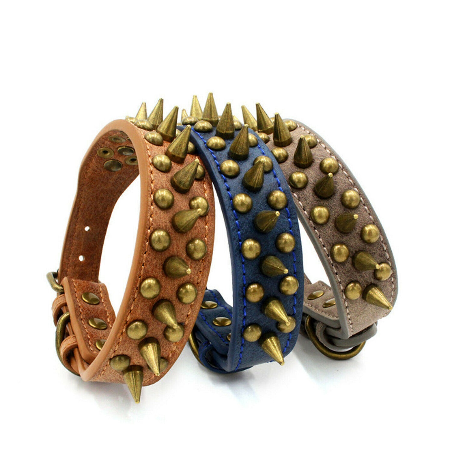 Retro Studded Spiked Leather Dog Collar - Blue/Brown/Grey